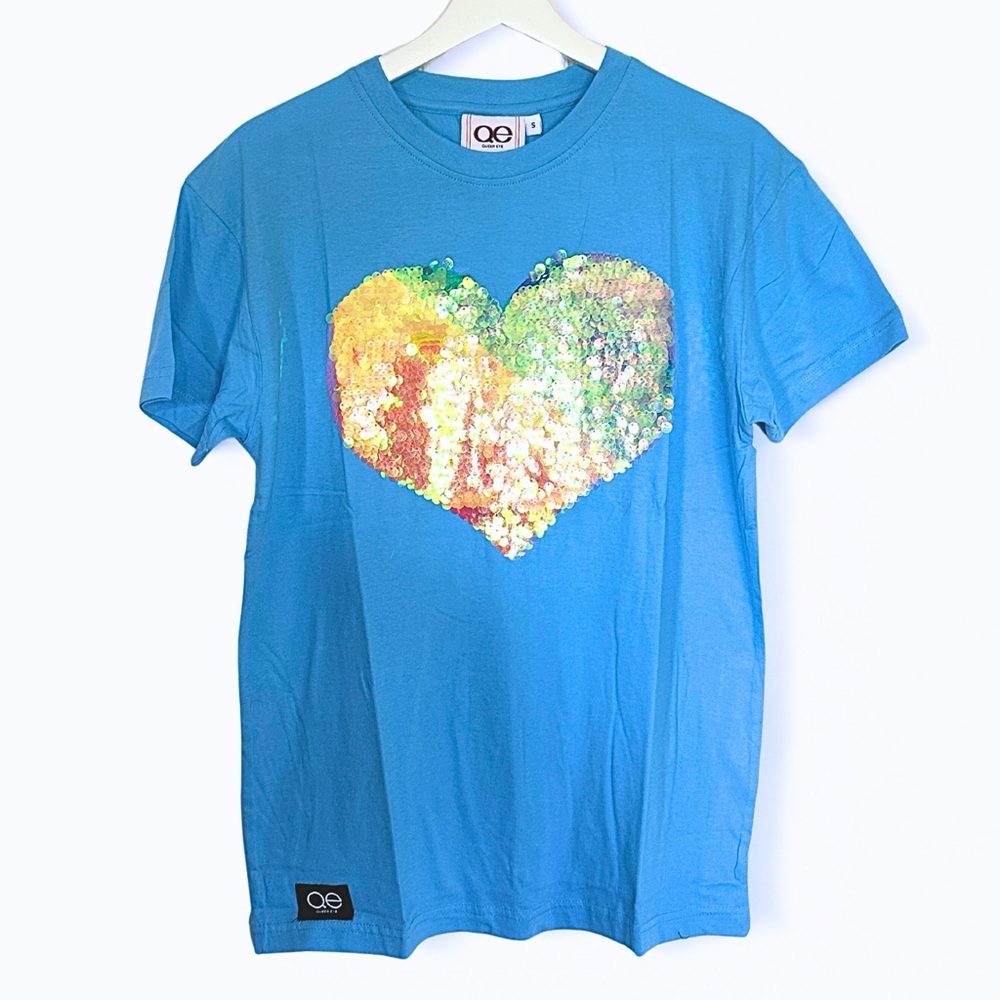 Queer Eye Vibrant Blue Short Sleeve Tee with Rainbow Sequin Heart, Size S